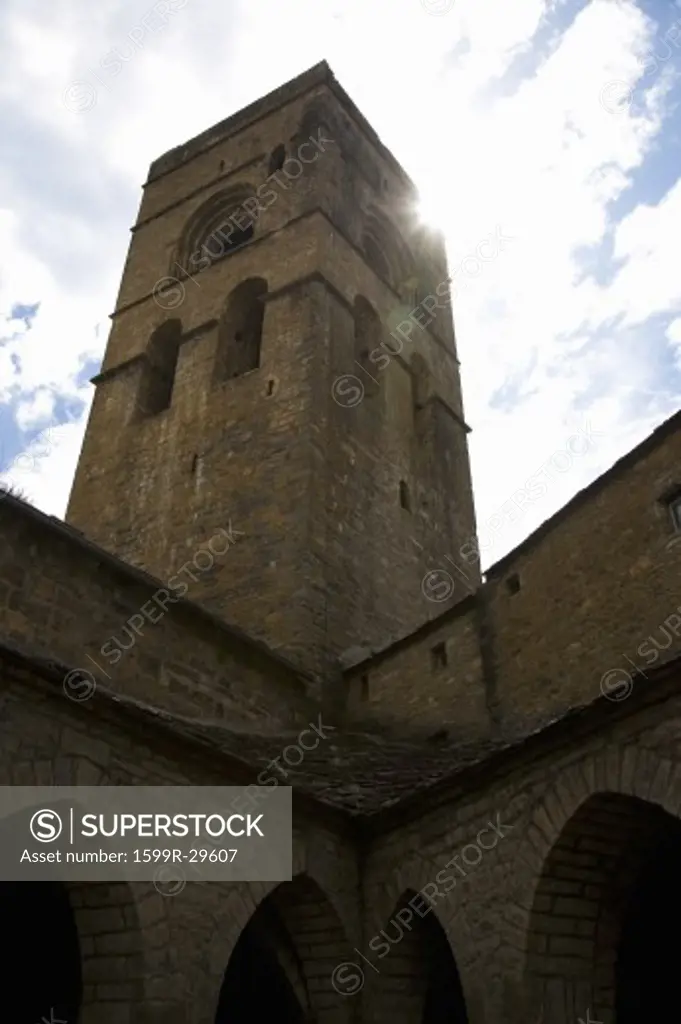 Church Tower at Plaza Mayor, in Ainsa, Huesca, Spain in Pyrenees Mountains, an old walled town with hilltop views of Cinca and Ara Rivers