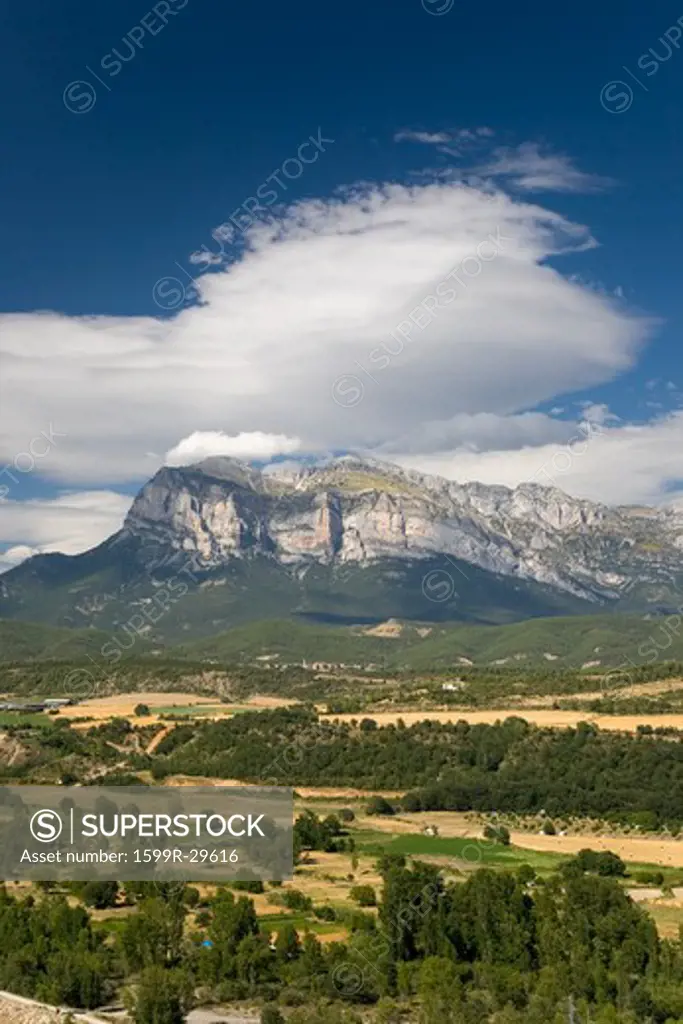 Sweeping hilltop views of Cinca and Ara Rivers from Ainsa, Huesca, Spain in Pyrenees Mountains, an old walled town near Parque National de Ordesa