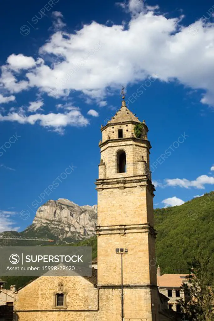 Old church tower with views of Parque National de Ordesa near Ainsa, Huesca, Spain in Pyrenees Mountains