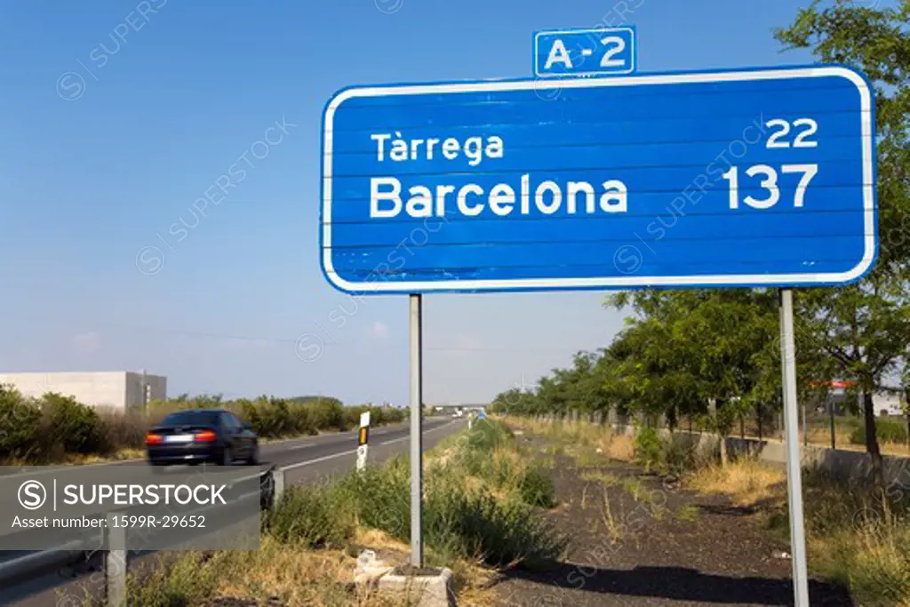 Highway sign for A-2 with 137 Kilometers to Barcelona, Spain