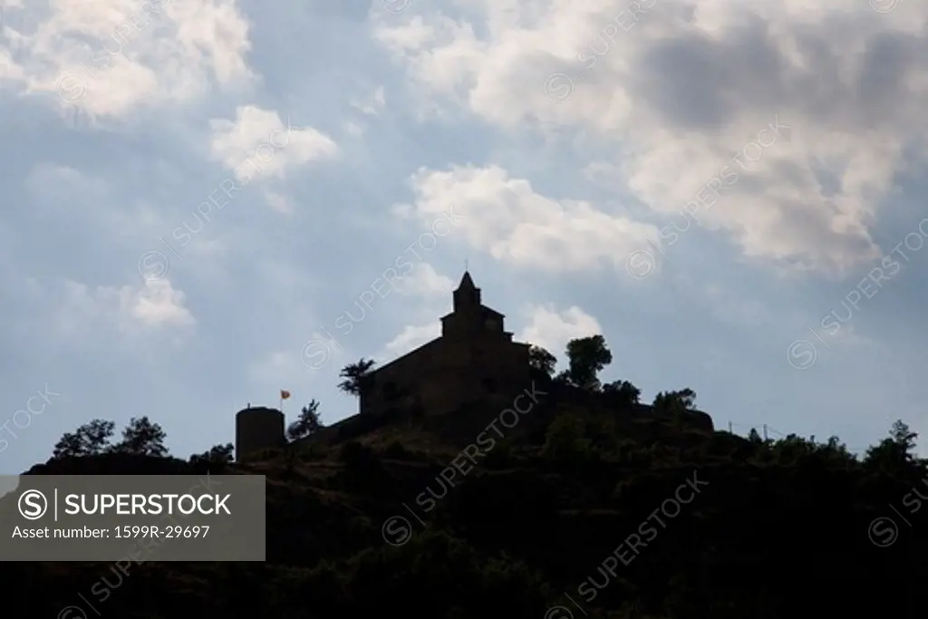 Silhouette of historic castle near village of Solsona, Cataluna, Spain