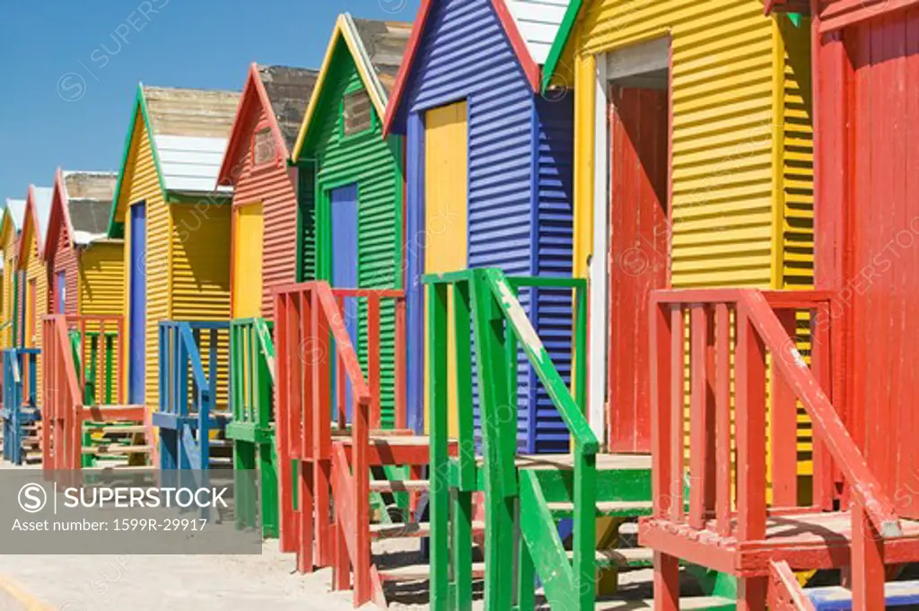 Bright Crayon-Colored Beach Huts at St James, False Bay on Indian Ocean, outside of Cape Town, South Africa