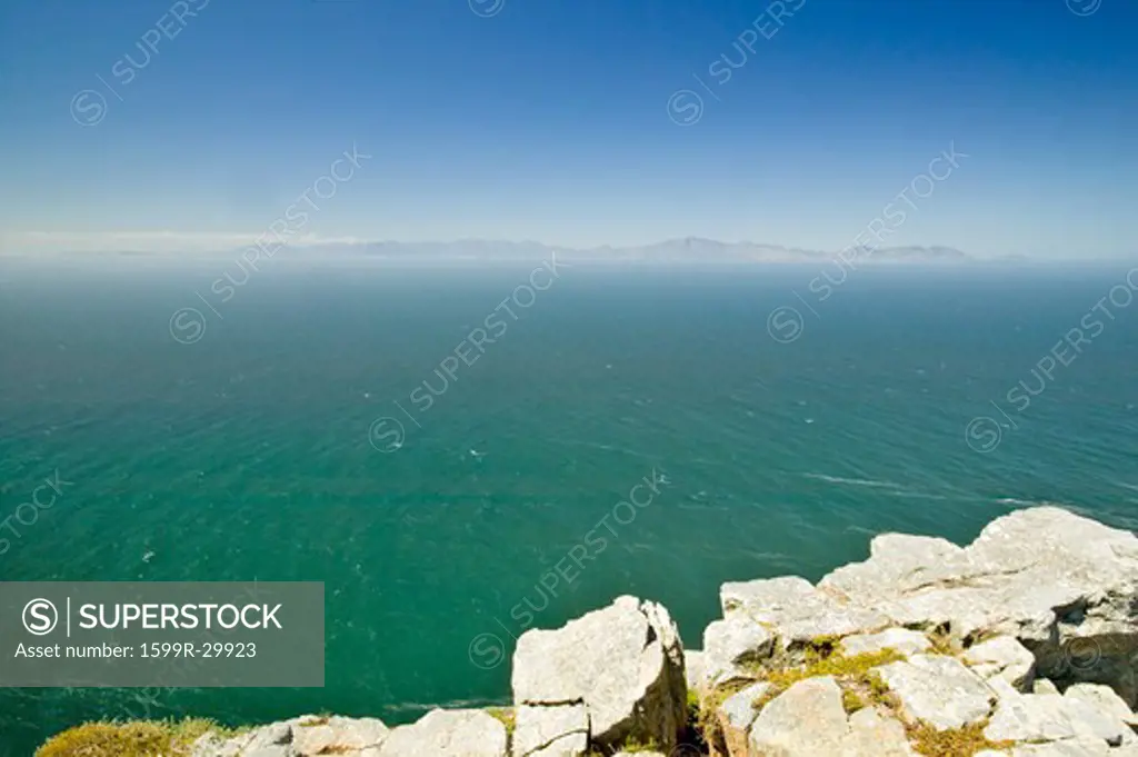 View of Cape Point, Cape of Good Hope, outside Cape Town, South Africa at the confluence of Indian Ocean on right and Atlantic Ocean on left