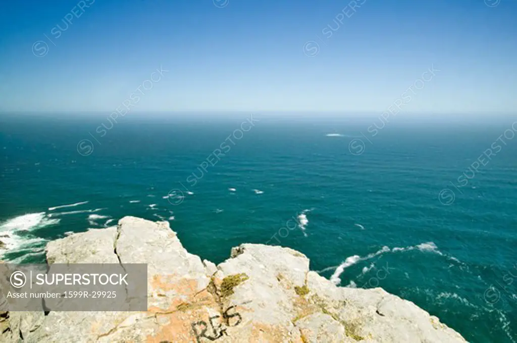 View of Cape Point, Cape of Good Hope, outside Cape Town, South Africa at the confluence of Indian Ocean on right and Atlantic Ocean on left