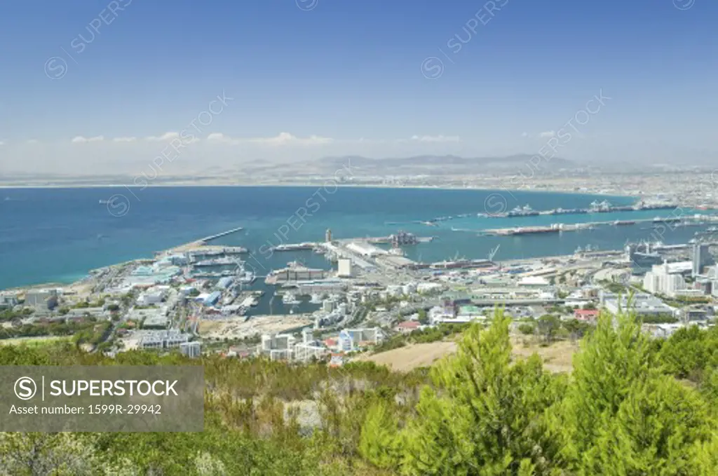 Cape Town and Table Bay, view of harbor from Table Mountain, South Africa