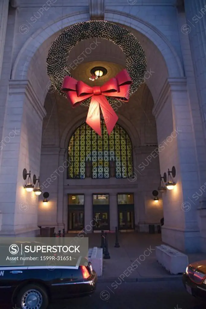 Union Station with Christmas decorations at dusk, Washington, D.C.