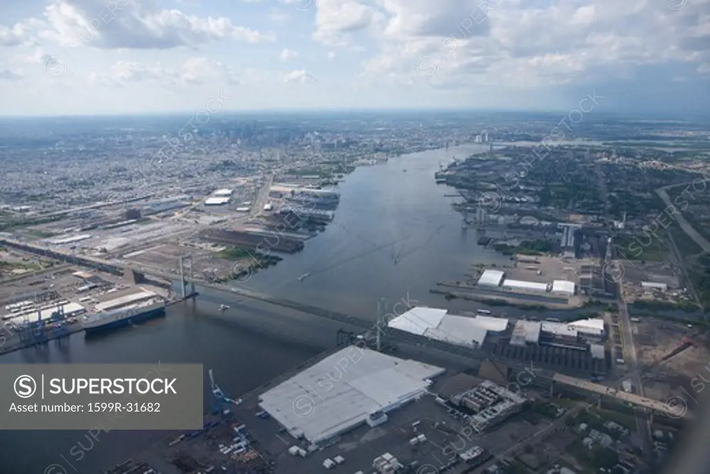 Aerial view of Walt Whitman Bridge crossing Deleware River in Philadelphia, PA