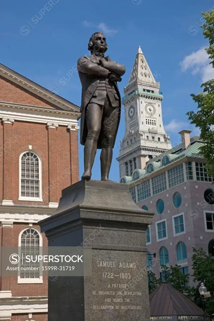 Statue of Revolutionary Patriot, Samuel Adams, 1722-1803, in front of historic Faneuil Hall, Boston, MA