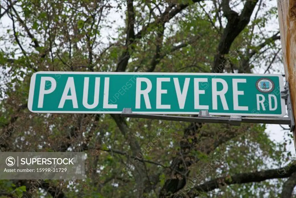 Paul Revere Road sign, outside Lexington MA to represent the Revolutionary War, 1776, MA