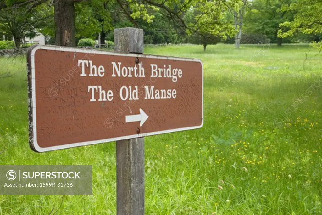 Sign points to The Old North Bridge and The Old Manse, outside of Lexington, MA