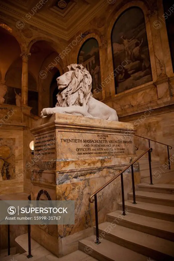 Lion in Main staircase of historic Boston Public Library, McKim Building, Boston, MA