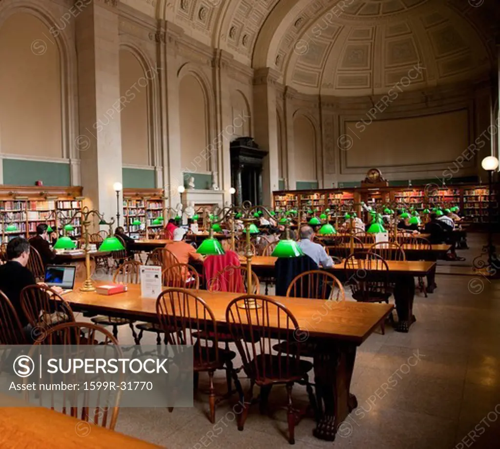 Interior view of reading area of historic Boston Public Library, McKim Building, Boston, MA
