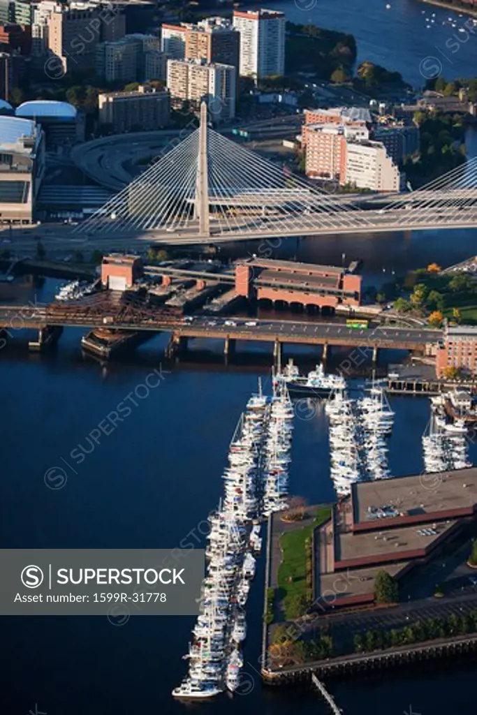 AERIAL morning view of harbor of Boston, MA