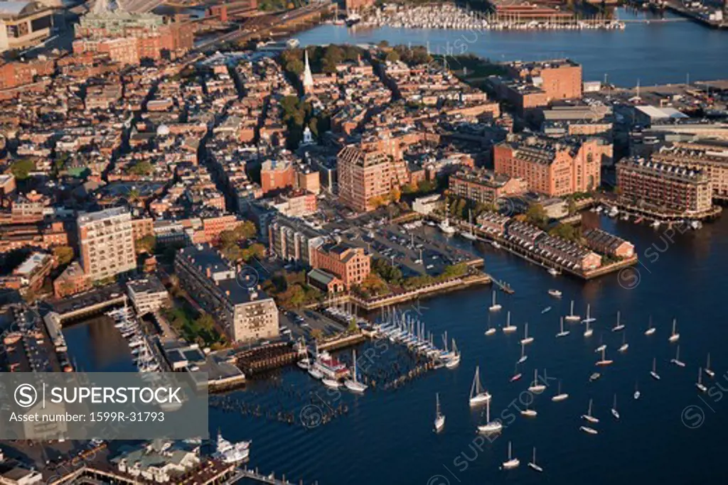 AERIAL of Boston Harbor area focusing on Leonard P. Zakim Bunker Hill Memorial Bridge, Boston, MA