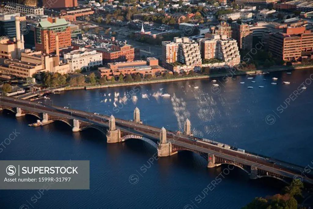 AERIAL VIEW looking directly down on Leonard P. Zakim Bunker Hill Memorial Bridge, Boston, MA
