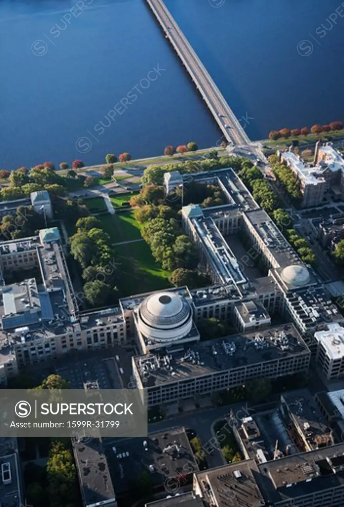 AERIAL VIEW of MIT and Harvard Bridge, also known as M.I.T. Bridge or Mass. Avenue bridge, Route 2 A from Back Bay, Boston to Cambridge across the Charles River