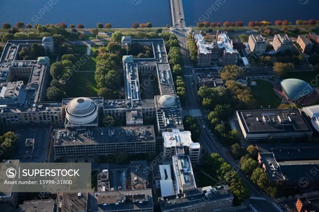 AERIAL VIEW of MIT and Harvard Bridge, also known as M.I.T. Bridge, from Back Bay, Boston to Cambridge across the Charles River