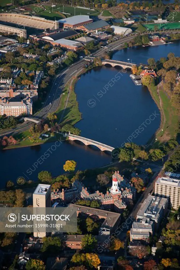 AERIAL VIEW of Charles River with John W. Weeks bridge crossing into Cambridge and Harvard