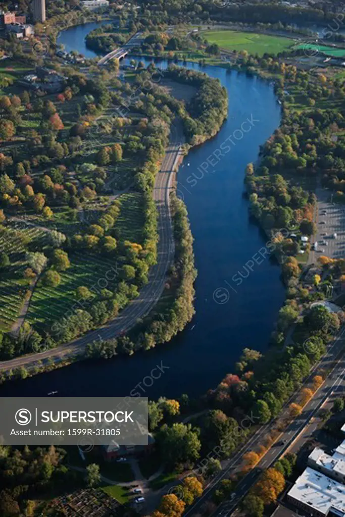 AERIAL VIEW of Charles River through Cambridge, Boston, MA
