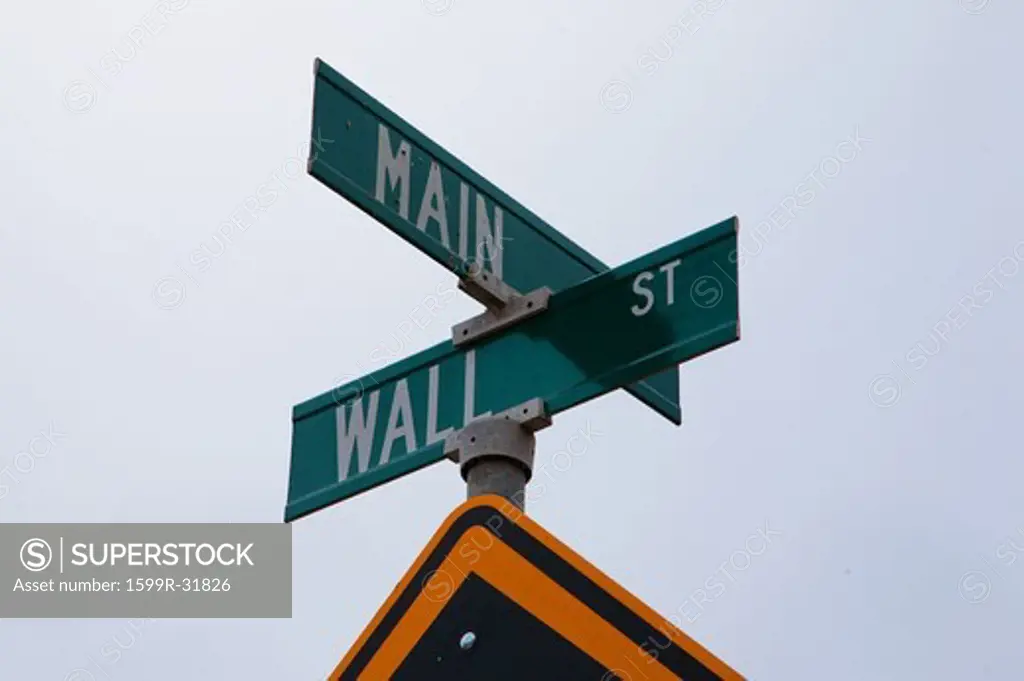 A road sign is the intersection of Main Street and Wall Street, Central CA