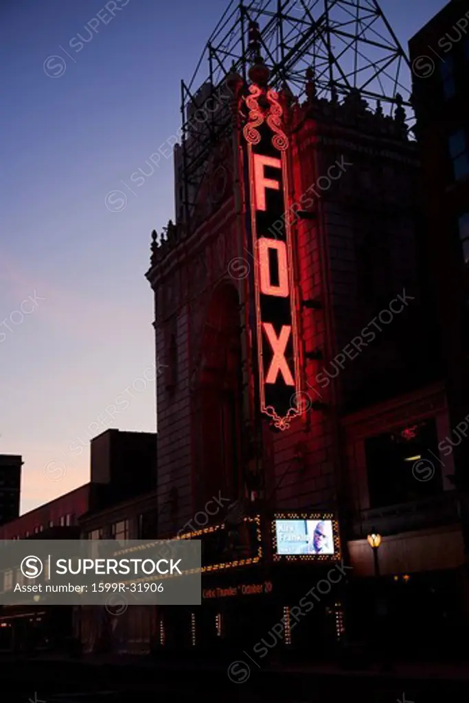 Neon sign of historic Fox Theater on Grand Avenue, downtown, St. Louis, Mo.