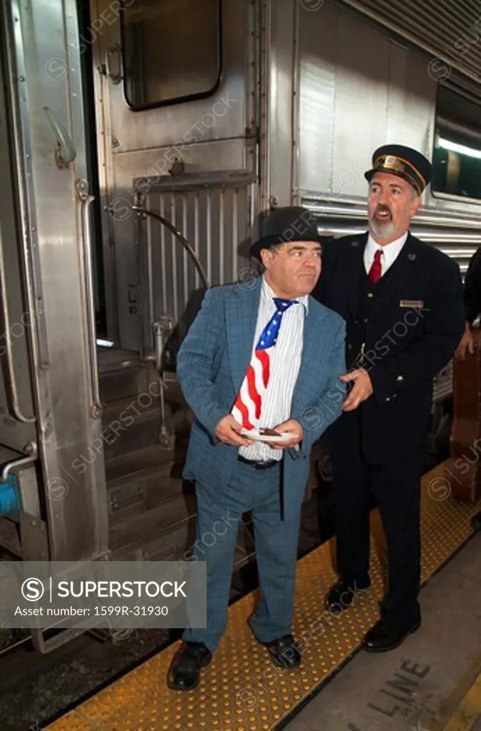 Lou Costello poses at Pearl Harbor Day Troop train reenactment from Los Angeles Union Station to San Diego