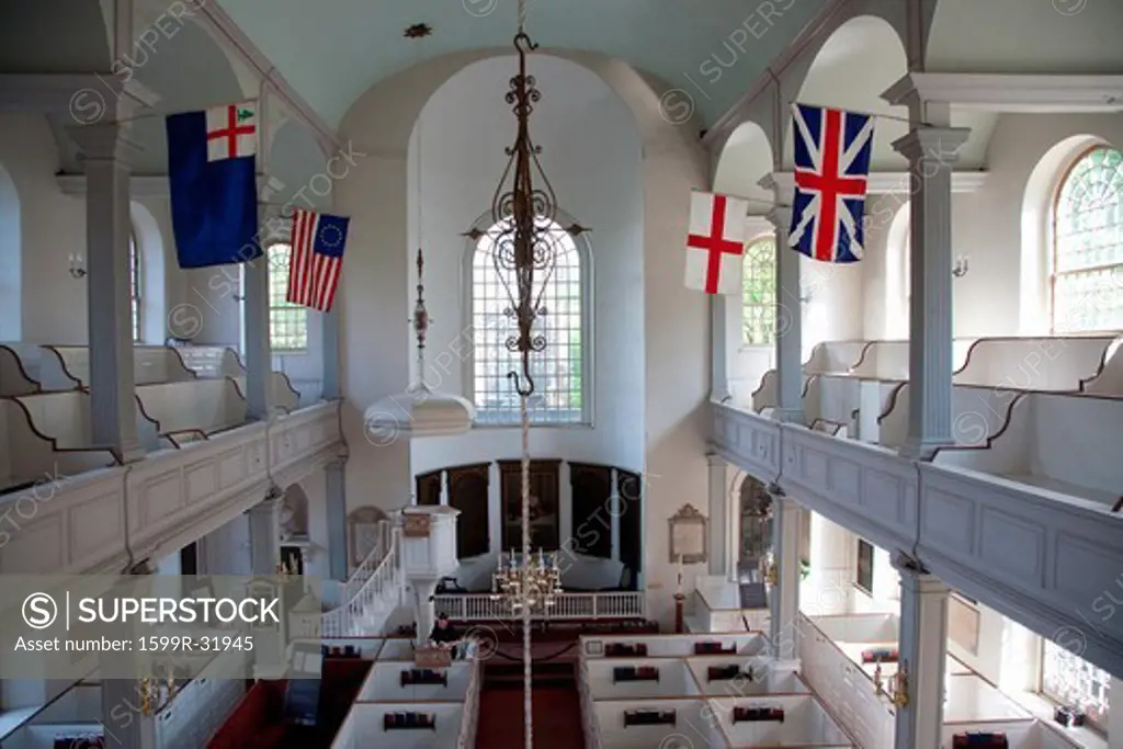 Elevated interior view of historic Old North Church, now known as Christ Church, built 1723, where lantern was hung for Paul Revere's ride, American Revolution, North End, Boston, MA