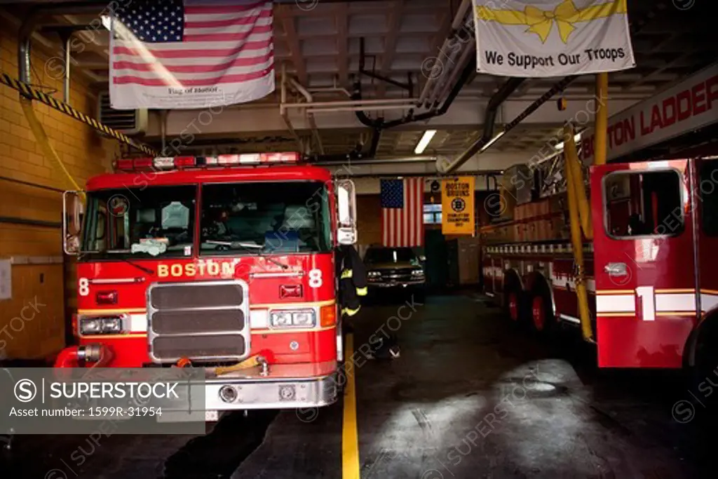 Interior view of Ladder #1, Engine #8, Firestation in historic North End, Italian section of Boston, MA