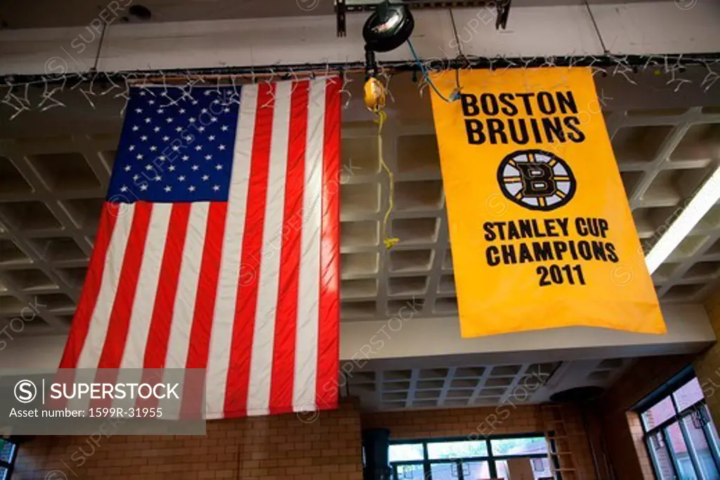 Banner of Boston Bruins winning Stanley Cup Hockey, inside of Ladder #1, Engine #8, Firestation in historic North End, Italian section of Boston, MA