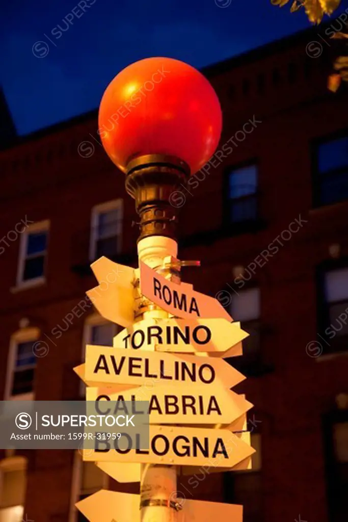 Road signs pointing to famous Italian towns and cities, historic North End, the Italian section of Boston Ma.
