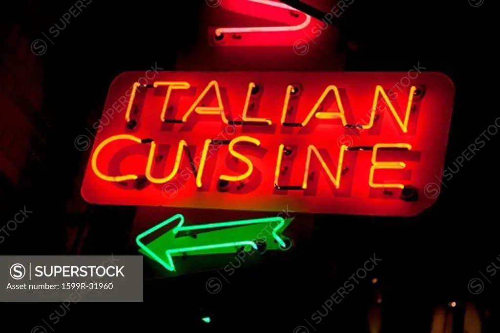 Neon sign for 'Italian Cuisine' in historic North End, the Italian section of Boston, MA