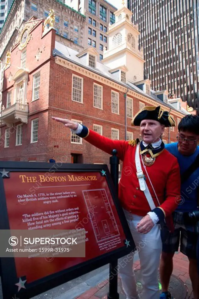 Historical reenactor-docent at site of March 5, 1770 Boston Massacre, pre-American Revolution and Old South Meeting House, Freedom Trail, Boston, MA