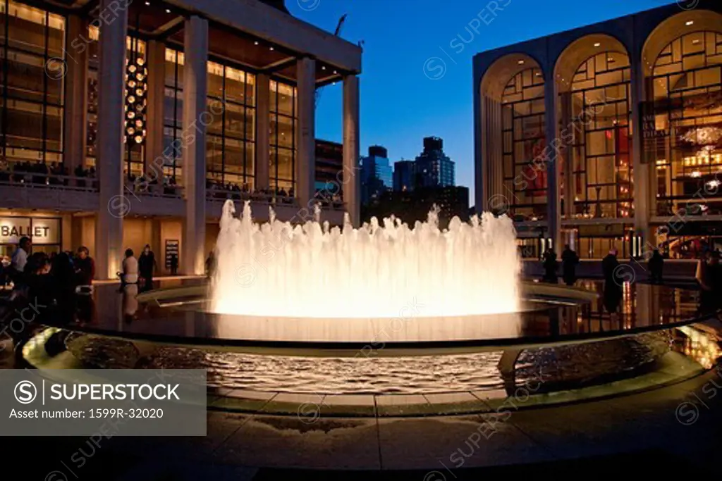 Lincoln Center at dusk and water fountains, New York, New York