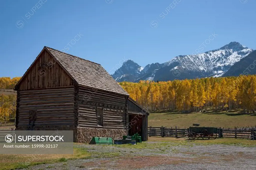 Historic cabin with Aspens and Mount Sneffels in view, Hastings Mesa, 'Last Dollar Ranch' near Ridgeway, CO