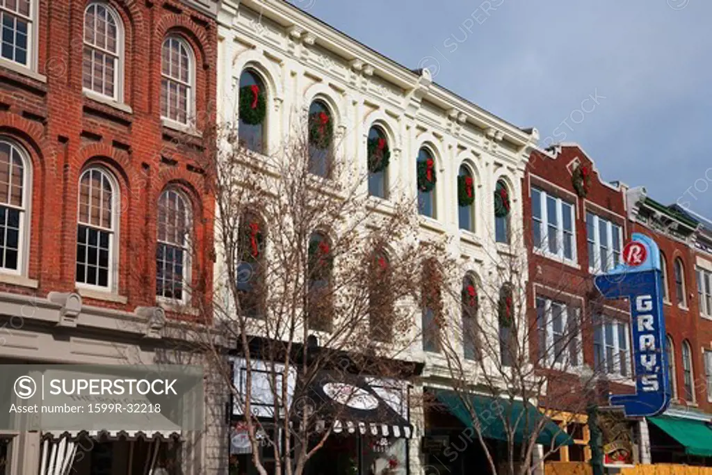 Historic Main Street with Red Brick Storefronts and Gray's Pharmacy in Franklin, Tennessee, a suburb south of Nashville, Williamson County, Tenn.