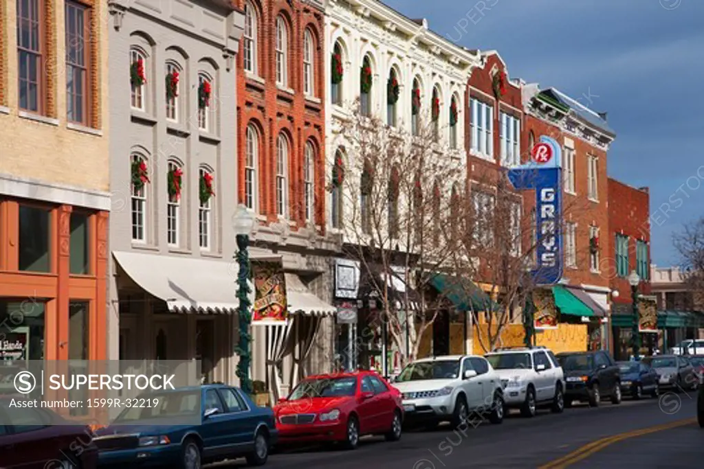 Historic Main Street with Red Brick Storefronts, parked cars and Gray's Pharmacy in Franklin, Tennessee, a suburb south of Nashville, Williamson County, Tenn.