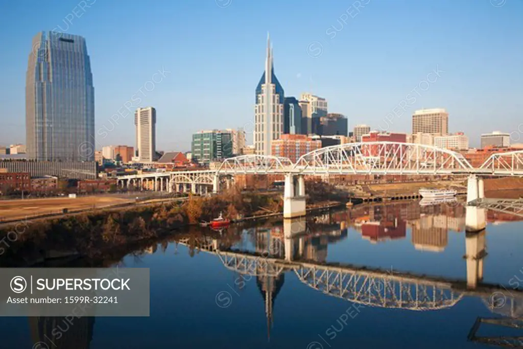Nashville Skyline, Tennessee and the Cumberland River with river reflection