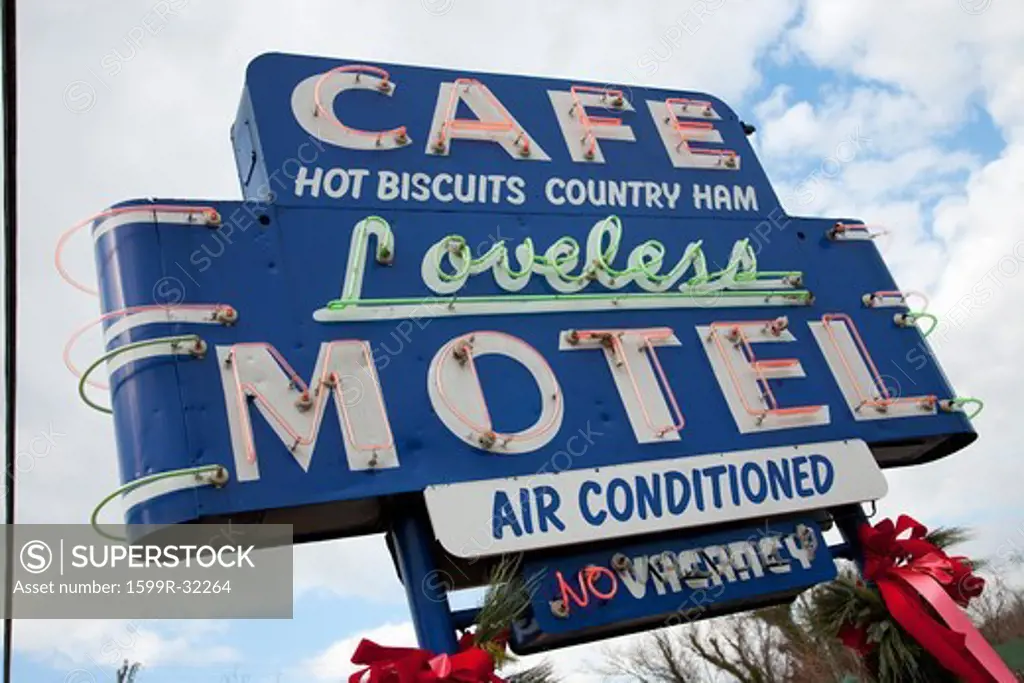 Café Loveless Motel Neon sign, restaurant serves southern food, hot biscuits and country ham, outside Nashville, Tennessee