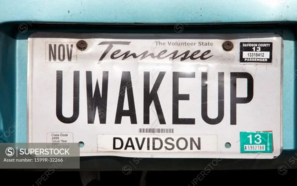 Uwakeup' vanity custom license plate, Nashville, Tennessee