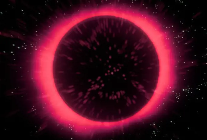 A black glowing sun with a magenta corona against a starry background