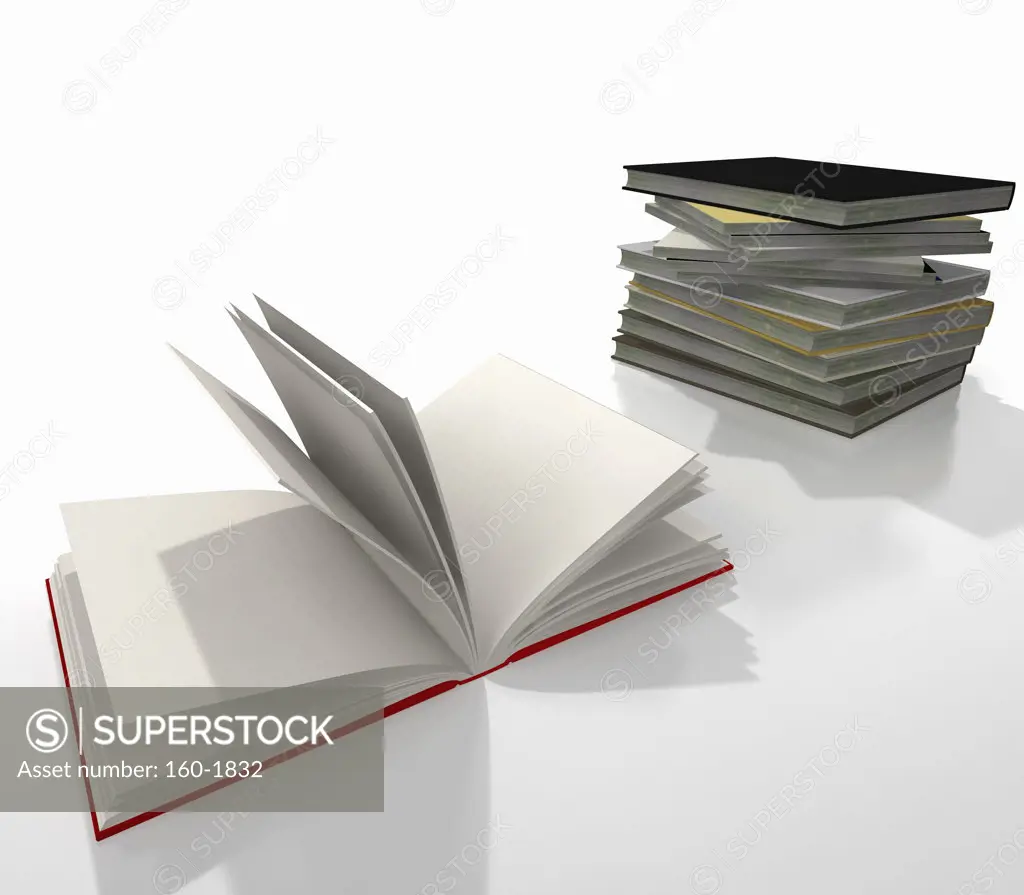 Stacked books and open book on white background
