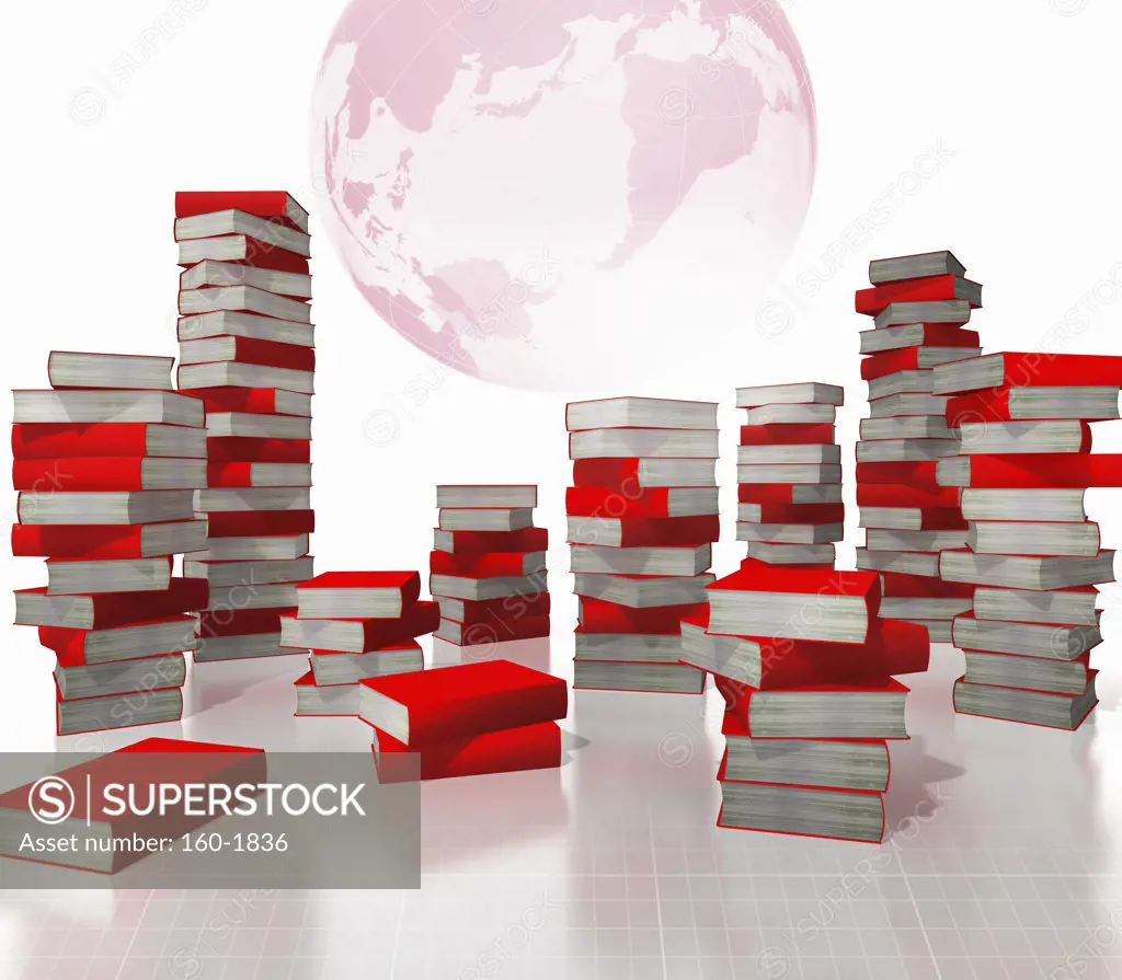 Stacked red books with globe