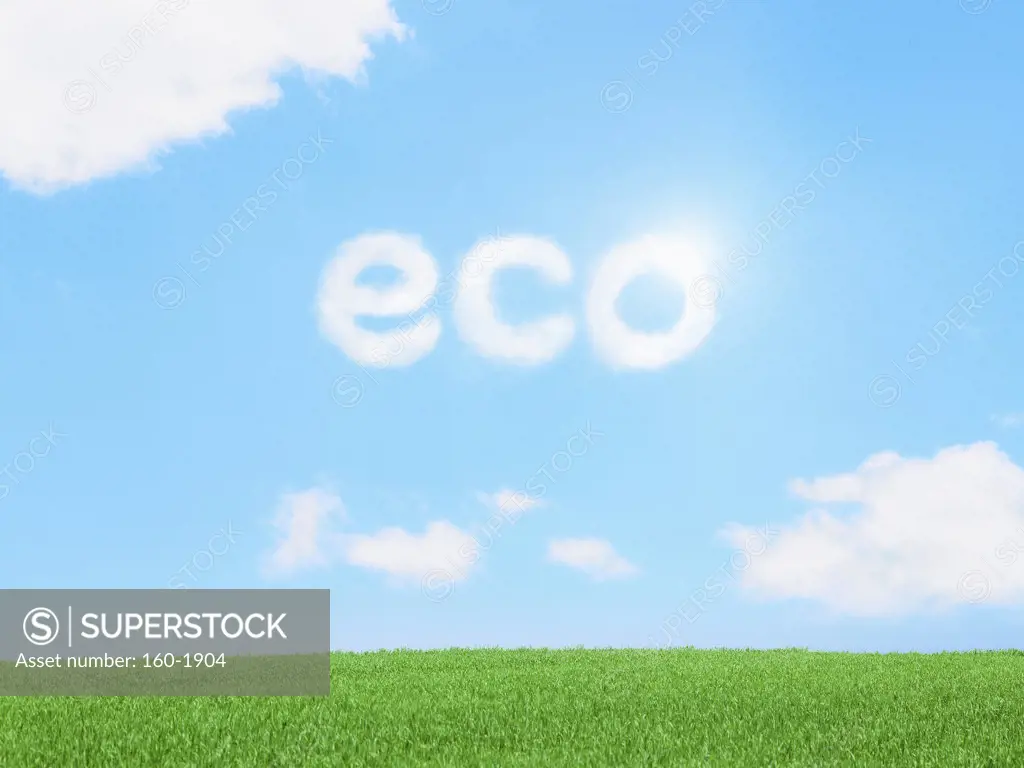 Clouds spelling out ECO over green meadow, digitally generated image