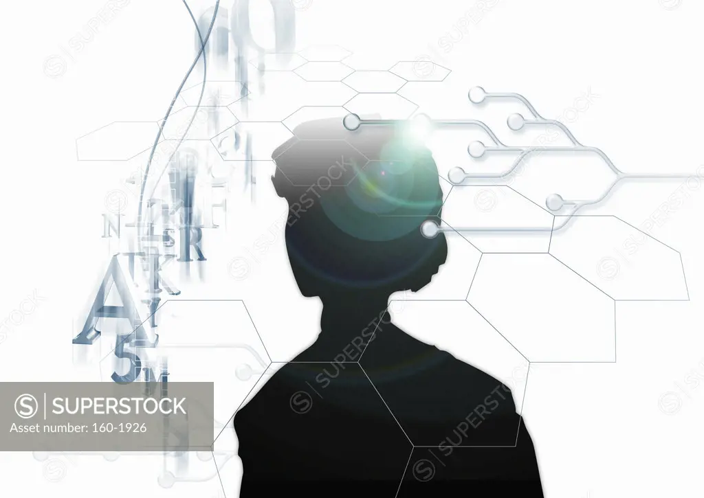 Business woman with technological patterns, digitally generated image