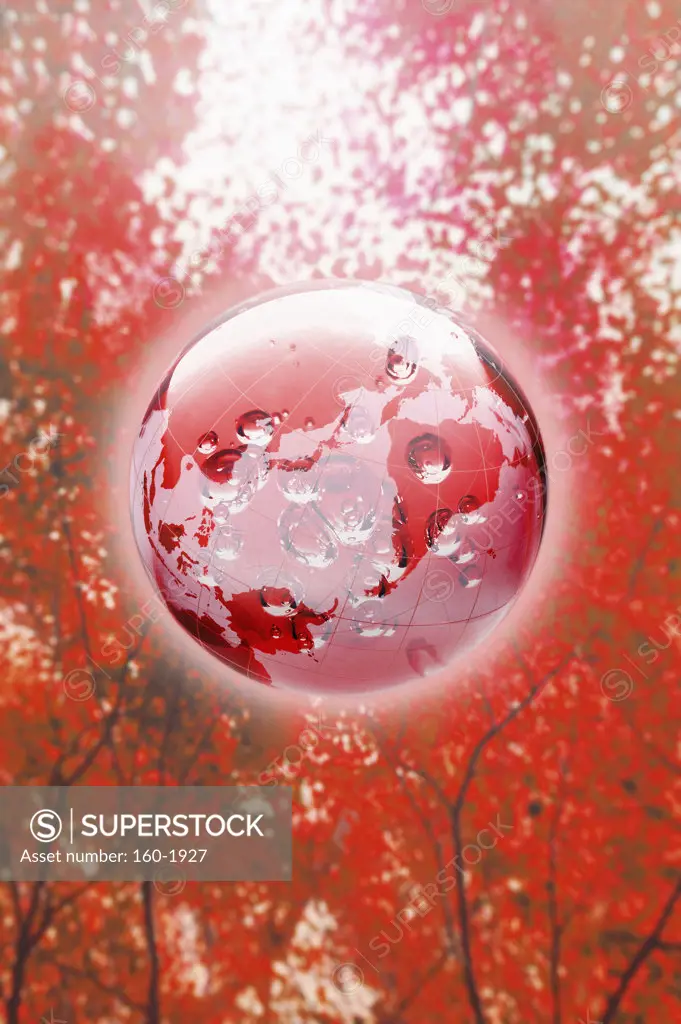 Red globe and tree leaves, digitally generated image