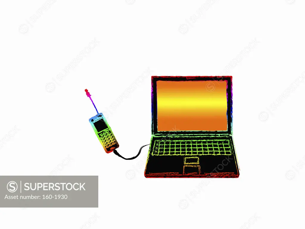 Laptop and cellular phone connected together, digitally generated image
