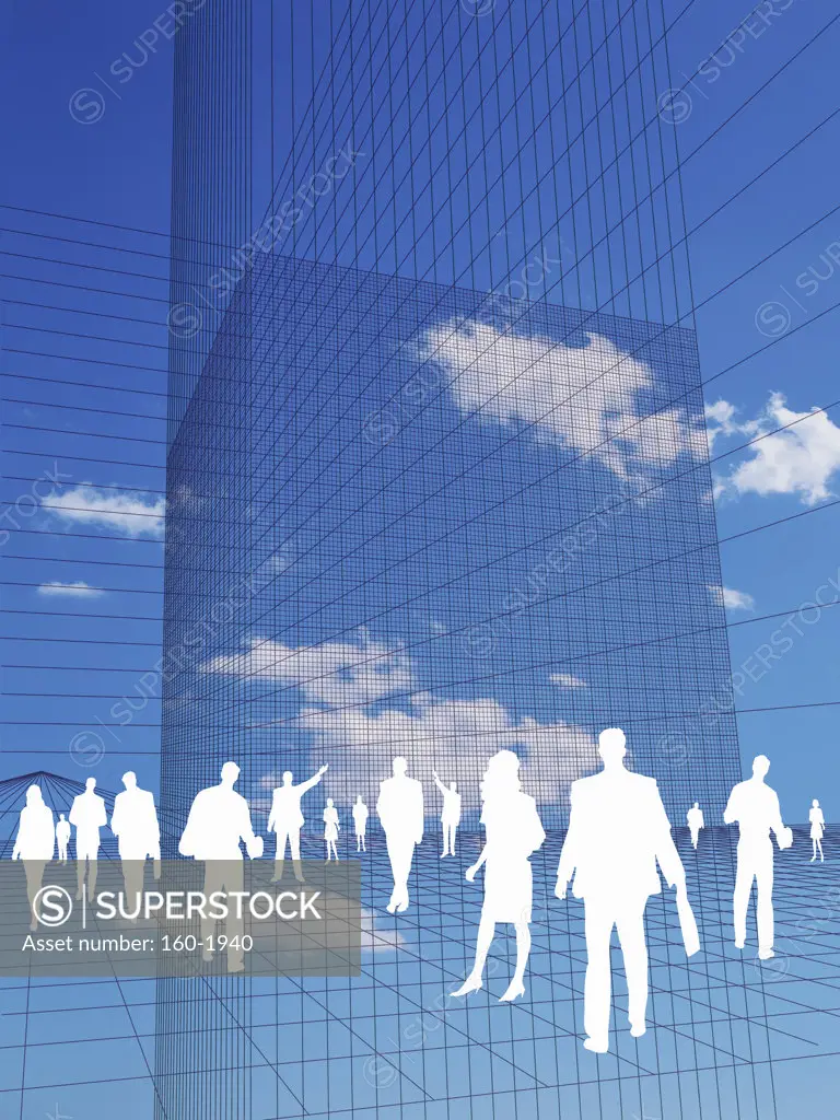 Business people inside grid-like construction in sky, digitally generated image
