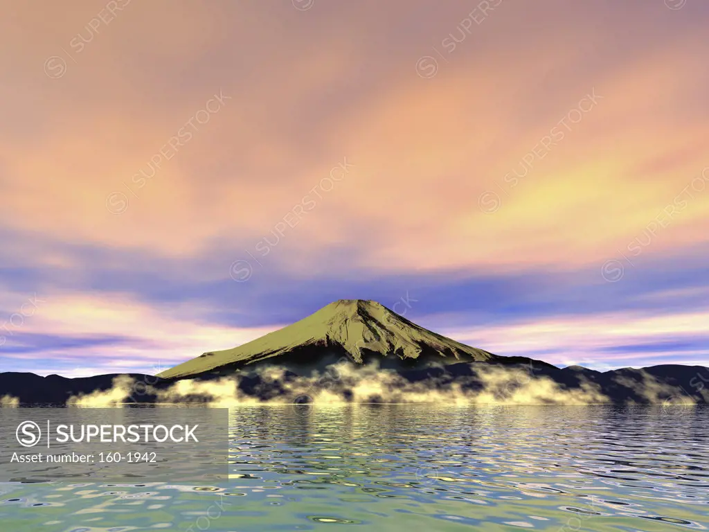 Mt Fuji at sunset, digitally generated image