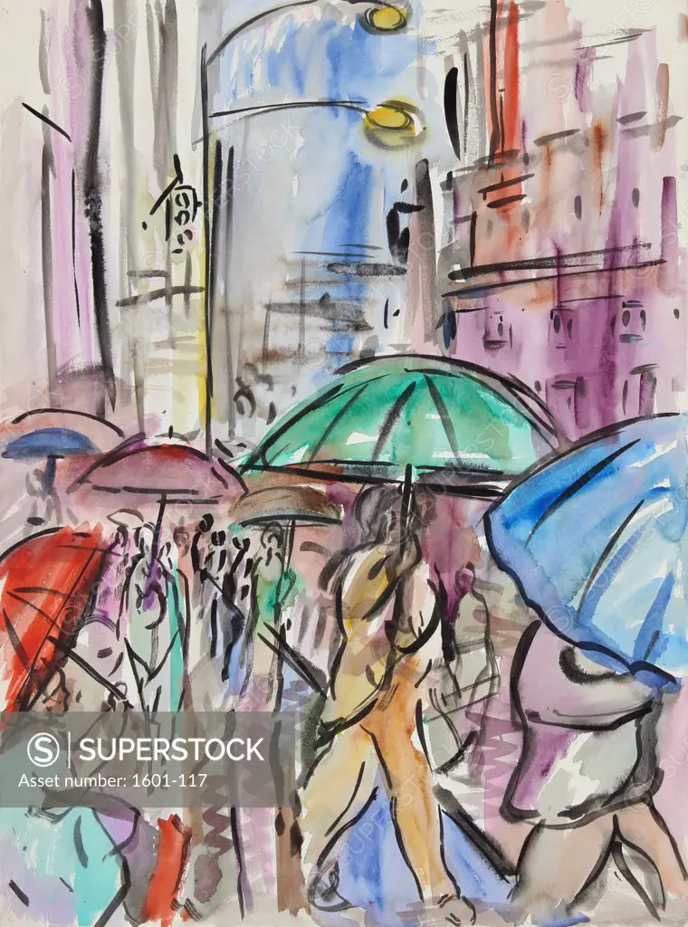 Umbrellas in the Rain, 2000, Richard H. Fox (b.1960/American), Watercolor & Ink on Paper