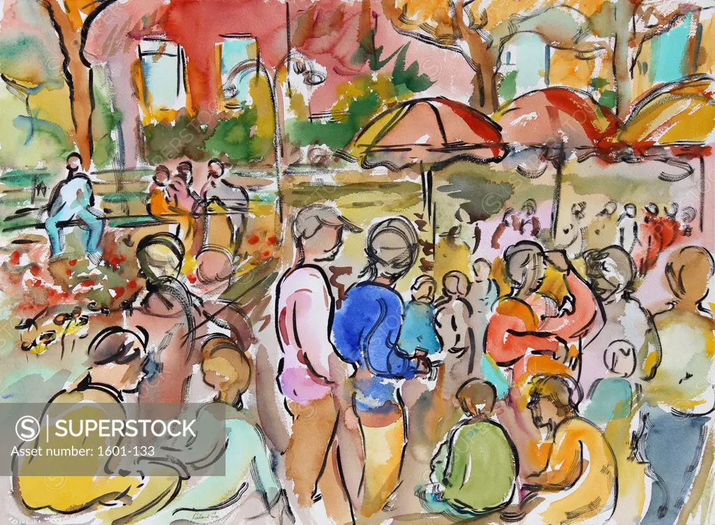 Summer, Washington Square, 1998, Richard H. Fox (b.1960/American), Watercolor & Ink on Paper